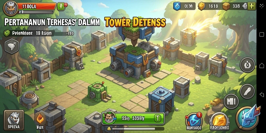 Screenshot tampilan gameplay 11BOLA dengan pertempuran menara yang mendebarkan.