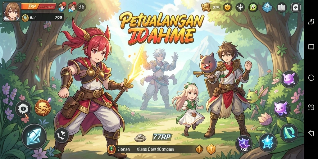 Screenshot gameplay 77RP menampilkan karakter Anime dalam pertempuran seru.