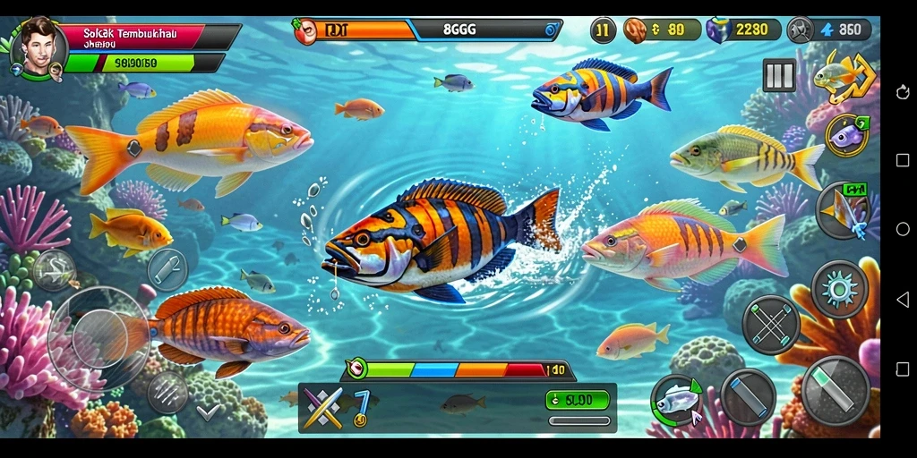 Tampilan gameplay seru saat menembak ikan di lautan.
