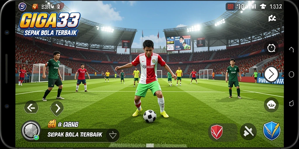 Tampilan gameplay GIGA33 dengan aksi sepak bola yang menegangkan.
