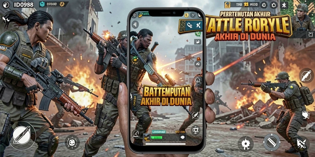 Tampilan dinamis dalam gameplay Battle Royale di ID098.