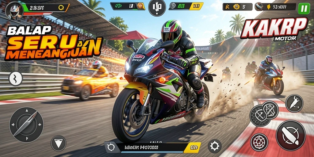Tampilan gameplay KAKRP yang menegangkan saat balapan motor.