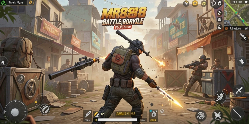 Tangkapan layar gameplay MR888 yang menunjukkan aksi Battle Royale yang mendebarkan.