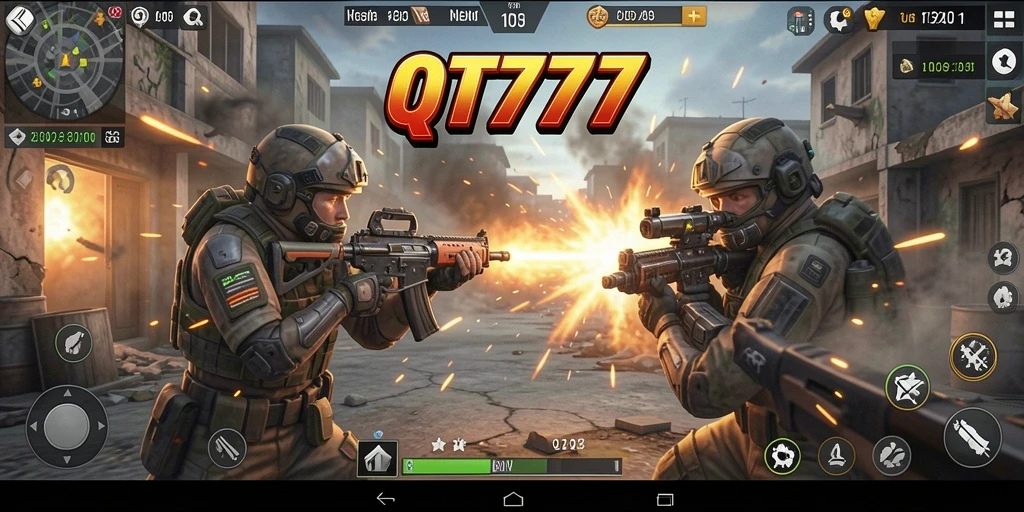 Tampilan seru dari gameplay QT777 penuh aksi tembak-menembak.