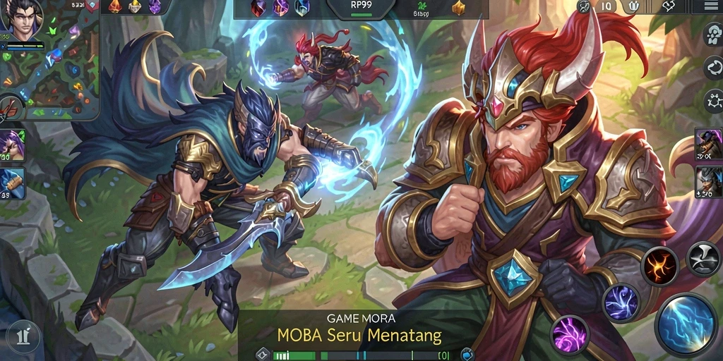 Screenshot gameplay RP99 menampilkan aksi seru di medan tempur MOBA.