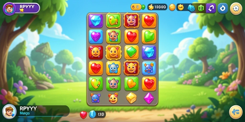 Screenshot gameplay RPYYY menampilkan kombinasi warna-warni dalam tantangan Match-3.